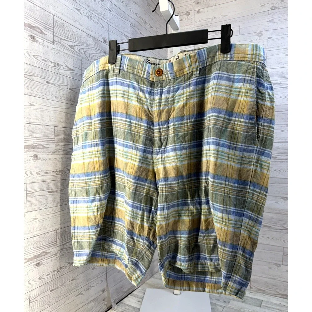Tommy Bahama Linen Plaid Shorts Mens Madras Yellow Blue Coastal Resort Size 40